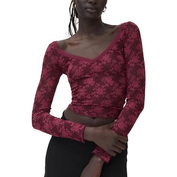 Urban Outfitters Out From Under Burgundy Long Sleeve Top Small S Sheer Floral - Picture 1 of 8